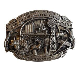 Hanston Kansas Belt Buckle 1986 Centennial KS Tractor Deer Windmill Pheasant